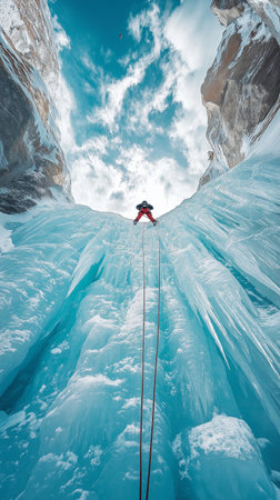 Climber on the ice climbing route in the glacier of Lake Baikalの素材