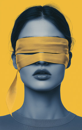 Young woman blindfolded with yellow tape over eyes on yellow backgroundの素材