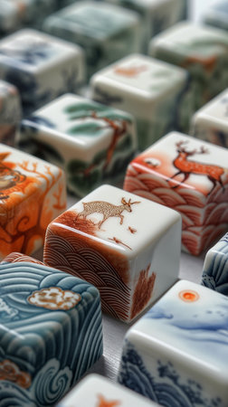 Close-up of handcrafted japanese ceramic tiles. Selective focus.の素材