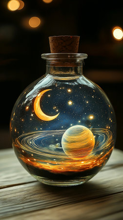 Magic potion in bottle with moon and stars on wooden table, closeupの素材