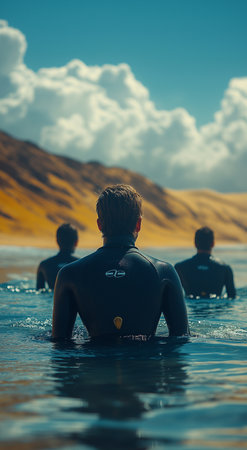 Rear view of a group of surfers standing in the water and looking at the camera.の素材