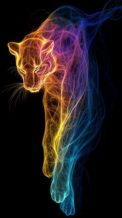Lion head in colorful abstract smoke, isolated on black background.の素材