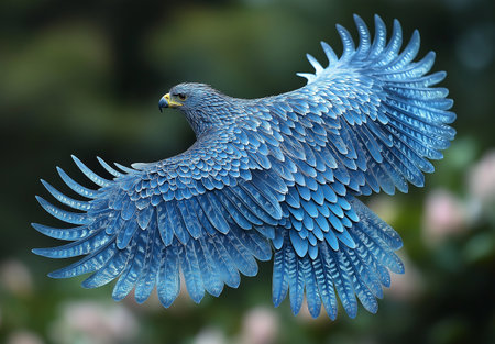 3D rendering of a blue eagle with wings spread in the airの素材