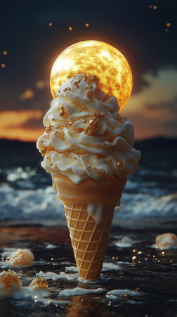 Ice cream in waffle cone with full moon. 3d renderingの素材