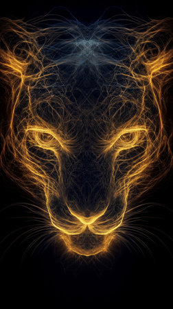 Lion head with fire flames on a black background. 3D illustrationの素材