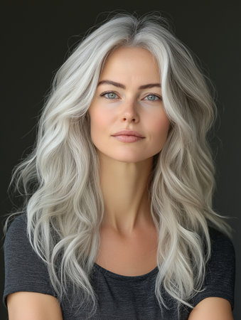 Portrait of a beautiful woman with long blond hair on a gray backgroundの素材