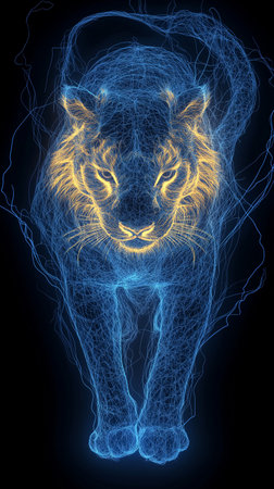 Lion on a black background. Illustration of a fantastic animal.の素材