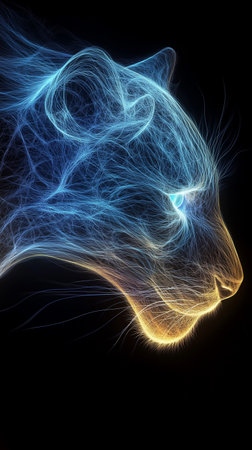 Lion head with blue lines on black background. 3D renderingの素材