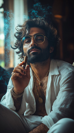 Portrait of a handsome young man smoking a cigar in a cafeの素材