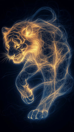 3D rendering of a fractal tiger on a dark background.の素材