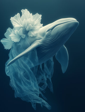 White whale with a flower on a dark background. Toned.の素材