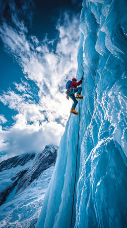 Climber ascending a frozen ice wall in Himalayas, Nepalの素材