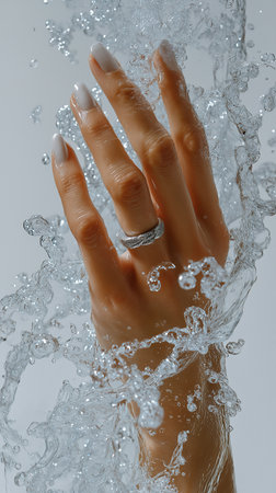 Close-up of female hands with manicure and water splash.の素材