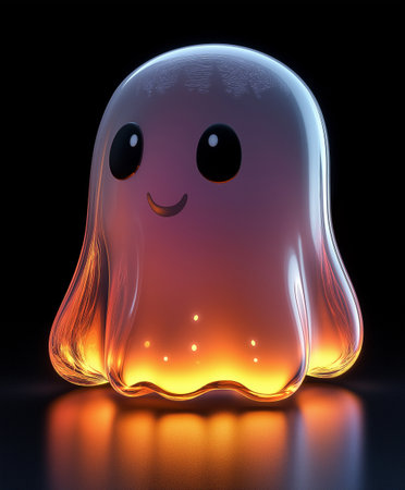 Smiling ghost isolated on black background, 3d render illustration.の素材