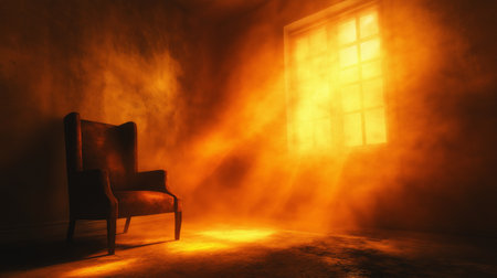 Old chair in a dark room with a window and rays of lightの素材