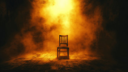 Old chair in a dark room with smoke and fog. 3D renderingの素材