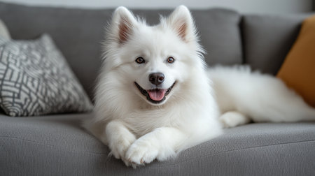 Cute Samoyed dog lying on sofa at home, closeupの素材