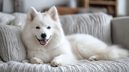 Cute Samoyed dog on sofa at home, closeupの素材