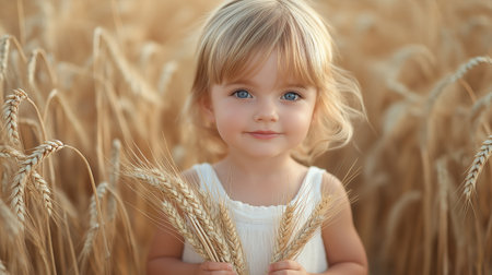 Cute little girl in wheat field on sunny day, closeupの素材