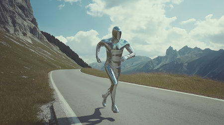 Cyborg running on the road in the mountains. 3d renderingの素材