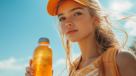 Sporty young woman with bottle of water on blue sky background.の素材