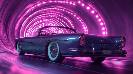 Retro car in the tunnel. 3D rendering. Neon lights.の素材