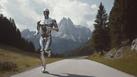 3D rendering of a female robot standing on a road in the mountainsの素材