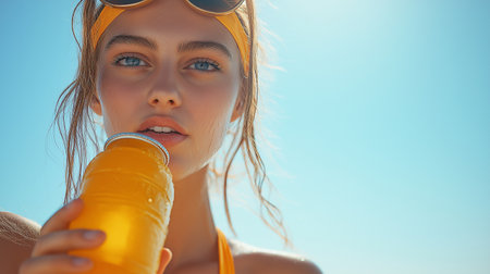Closeup portrait of a beautiful young woman drinking orange juice on the beachの素材