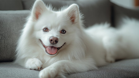 Cute white Pomeranian dog lying on sofa at home.の素材