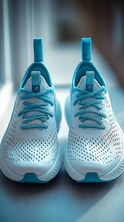 A pair of white sneakers on a blue background. Close-up.の素材