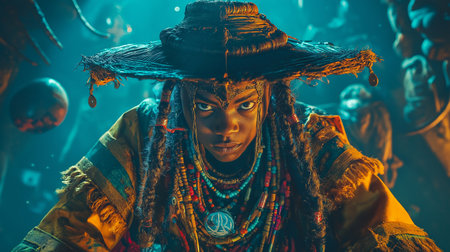 Beautiful young African American woman dressed in traditional costume and hat posing in the dark of Halloween.の素材