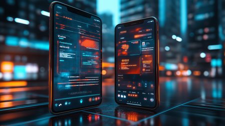 Smartphone and tablet on the background of the city. 3d renderingの素材