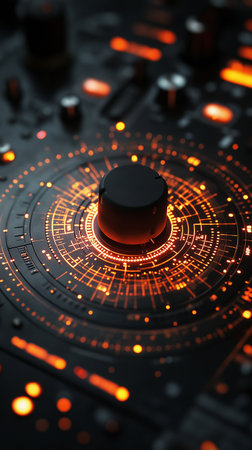 Close up shot of a dj mixer with orange lights and buttons.の素材