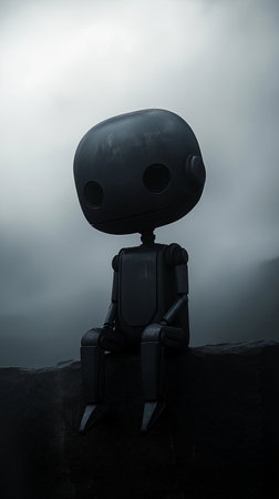 Robot sitting on top of a cliff with fog in the backgroundの素材