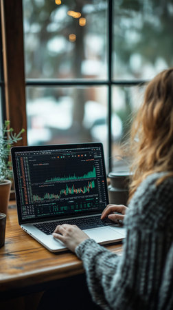 Woman working on laptop in coffee shop, stock exchange trading concept.の素材