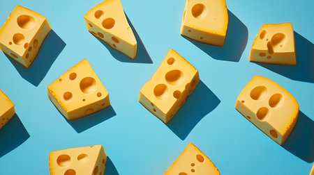 Cheese pattern on blue background. Minimal food concept. Top view.の素材