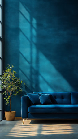 interior with blue sofa and plant, 3d render illustration mock upの素材