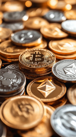 Close-up of gold and silver bitcoins. Cryptocurrency conceptの素材
