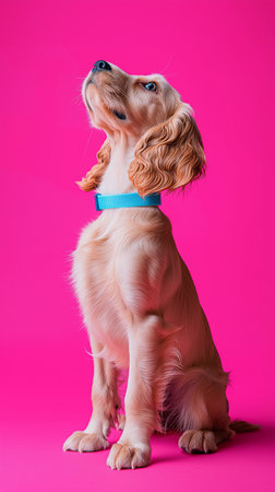 Cocker Spaniel puppy with blue collar on a pink background.の素材