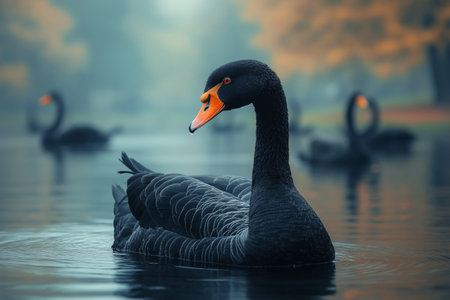 Black swan on the lake in misty morning. 3d renderingの素材