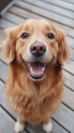 Cute Golden Retriever dog sitting on wooden floor, top viewの素材