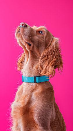 Cocker Spaniel dog with blue collar on a pink background.の素材