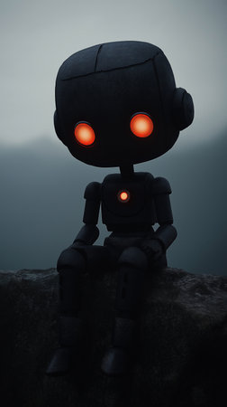 3D render of a robot sitting on a rock with a dark backgroundの素材