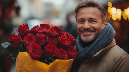 Portrait of handsome man holding bouquet of red roses and smilingの素材