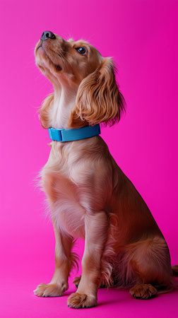 Cocker Spaniel dog with blue collar on a pink background.の素材