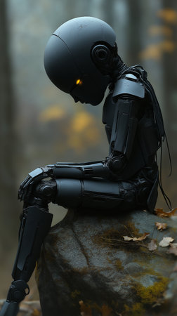 3D rendering of a female robot in a dark forest environment.の素材