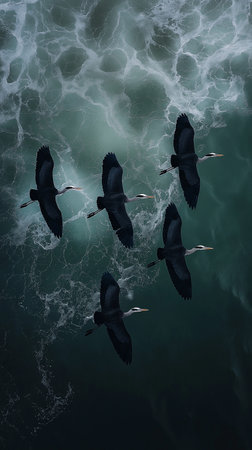 Cormorants flying in the sea, 3d render illustrationの素材