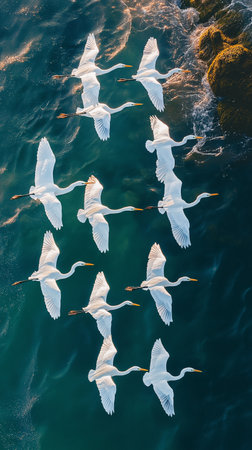 White egrets flying in the blue water. Aerial view of birds.の素材
