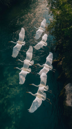 A flock of great egrets in the water. Selective focus.の素材