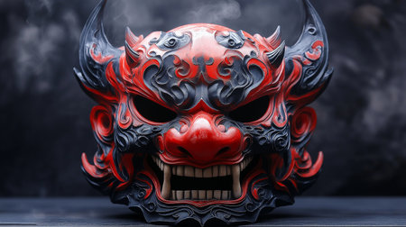 3d illustration of a red demon mask on a dark background.の素材